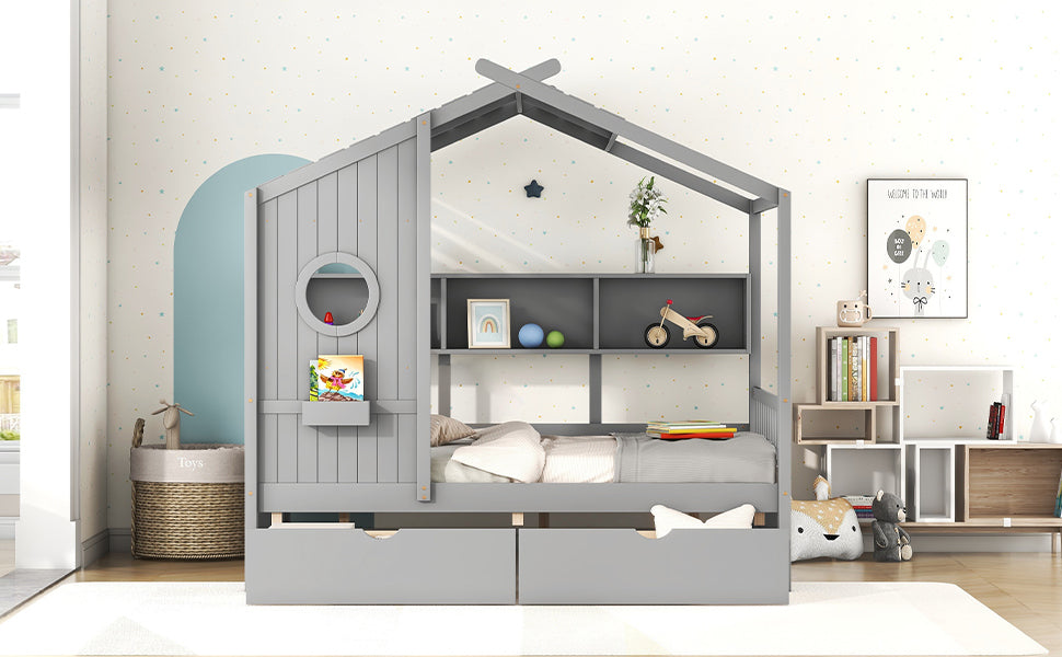 Wooden Full Size House Bed with 2 Drawers,Kids Bed with Storage Shelf, Gray(Old SKU: HL000052AAE)