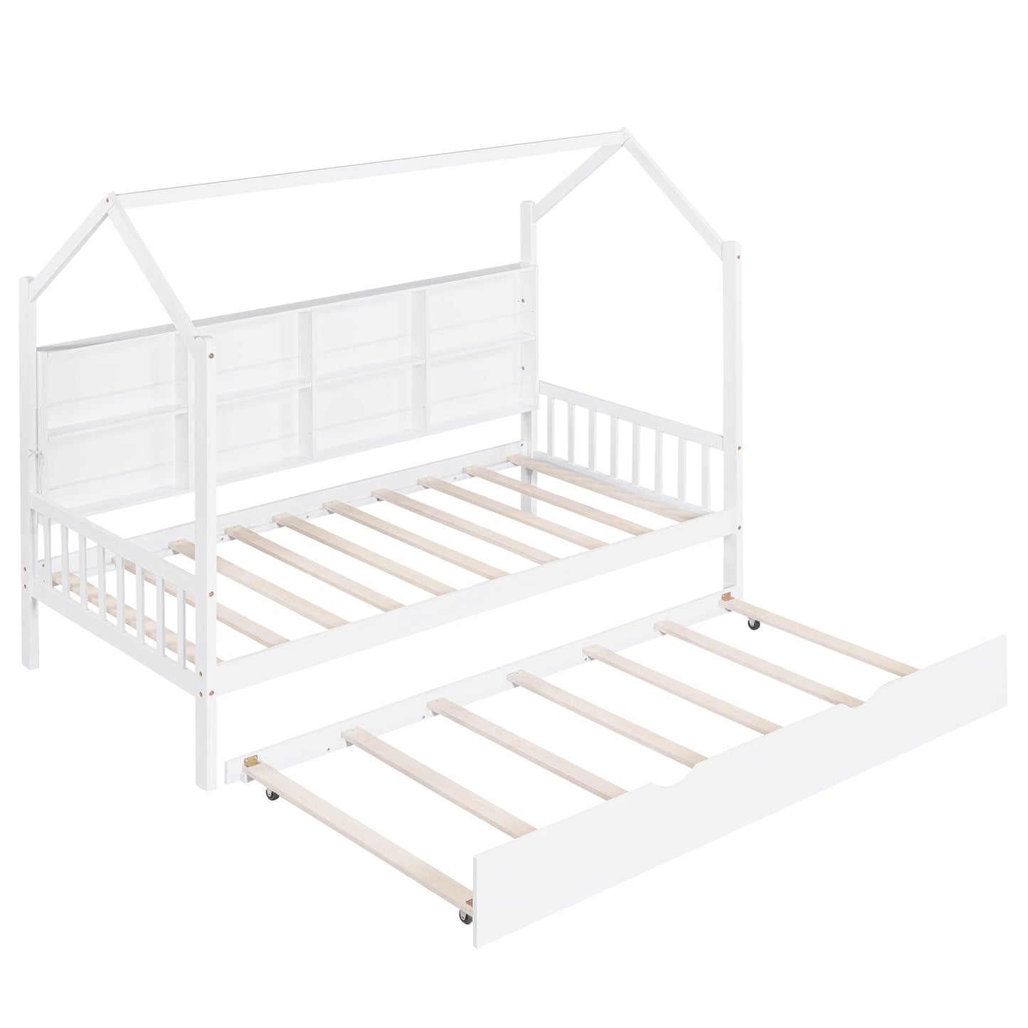 Wooden Twin Size House Bed with Trundle,Kids Bed with Shelf, White (Old SKU: WF297071AAK)