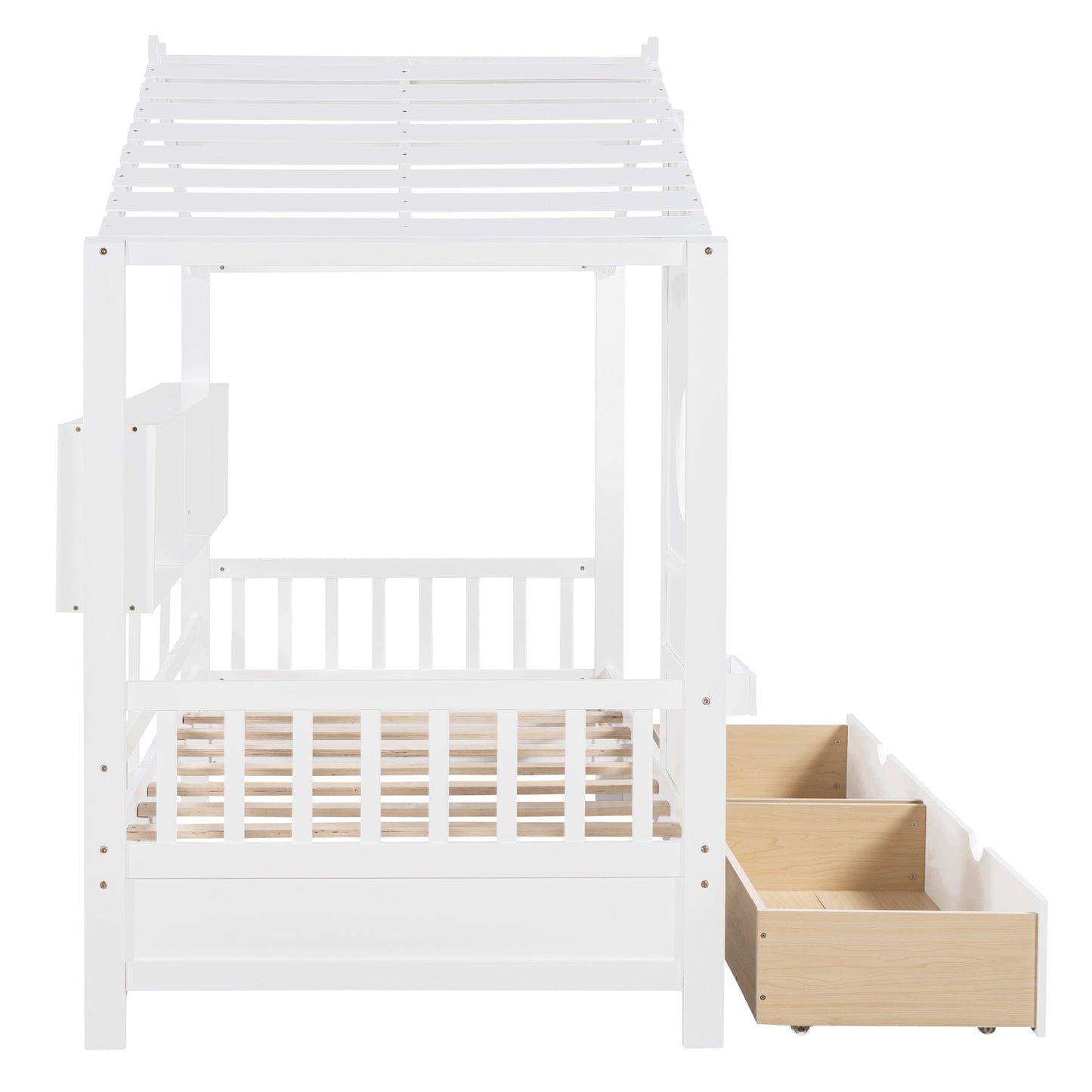 Wooden Twin Size House Bed with 2 Drawers,Kids Bed with Storage Shelf, White(Old SKU: HL000051AAK)