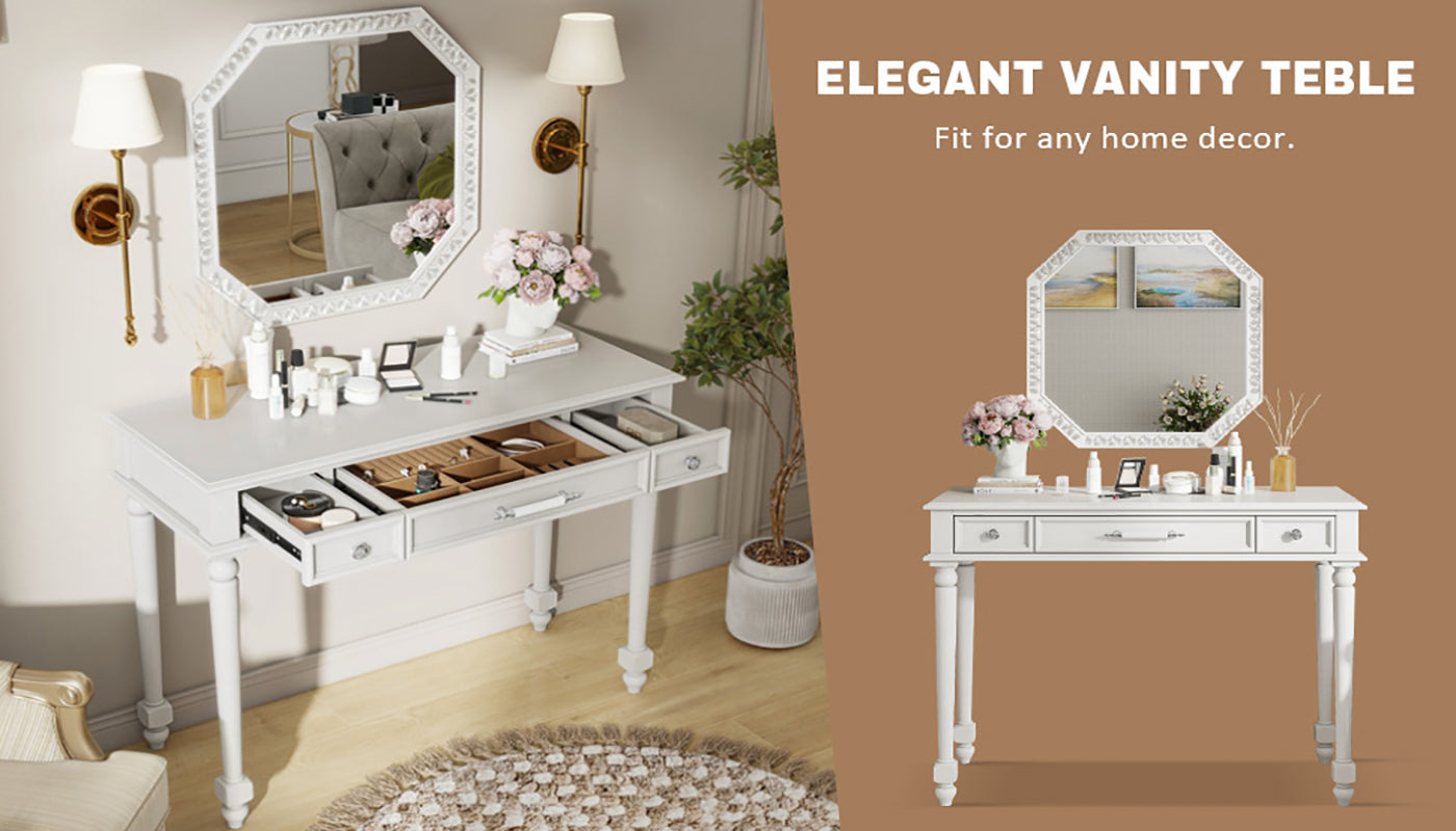 Retro Makeup Desk with Large Mirror, 3-Drawer Dressing Table for Jewelry Storage, Elegant Console Table for Bedroom, Living Room, Hallway & Foyer,White