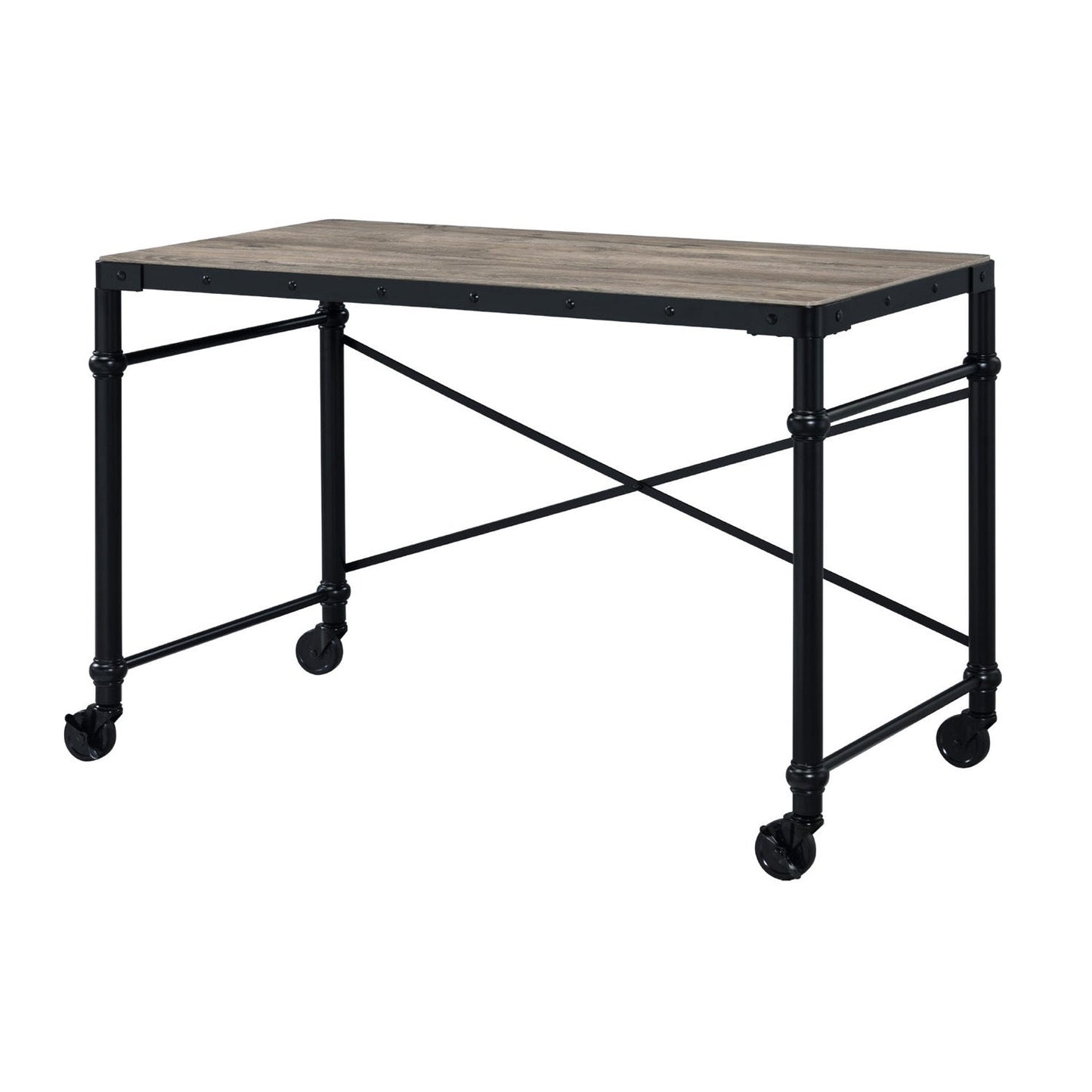 Rectangular Wooden Table Top Writing Desk, Rustic Oak and Black