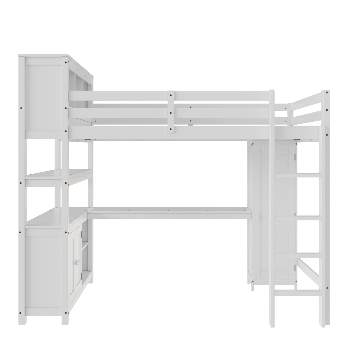 Wood Loft Bed with Cabinet and Bookshelf, Queen Size Loft with Wardrobe and Desk for Kids,White