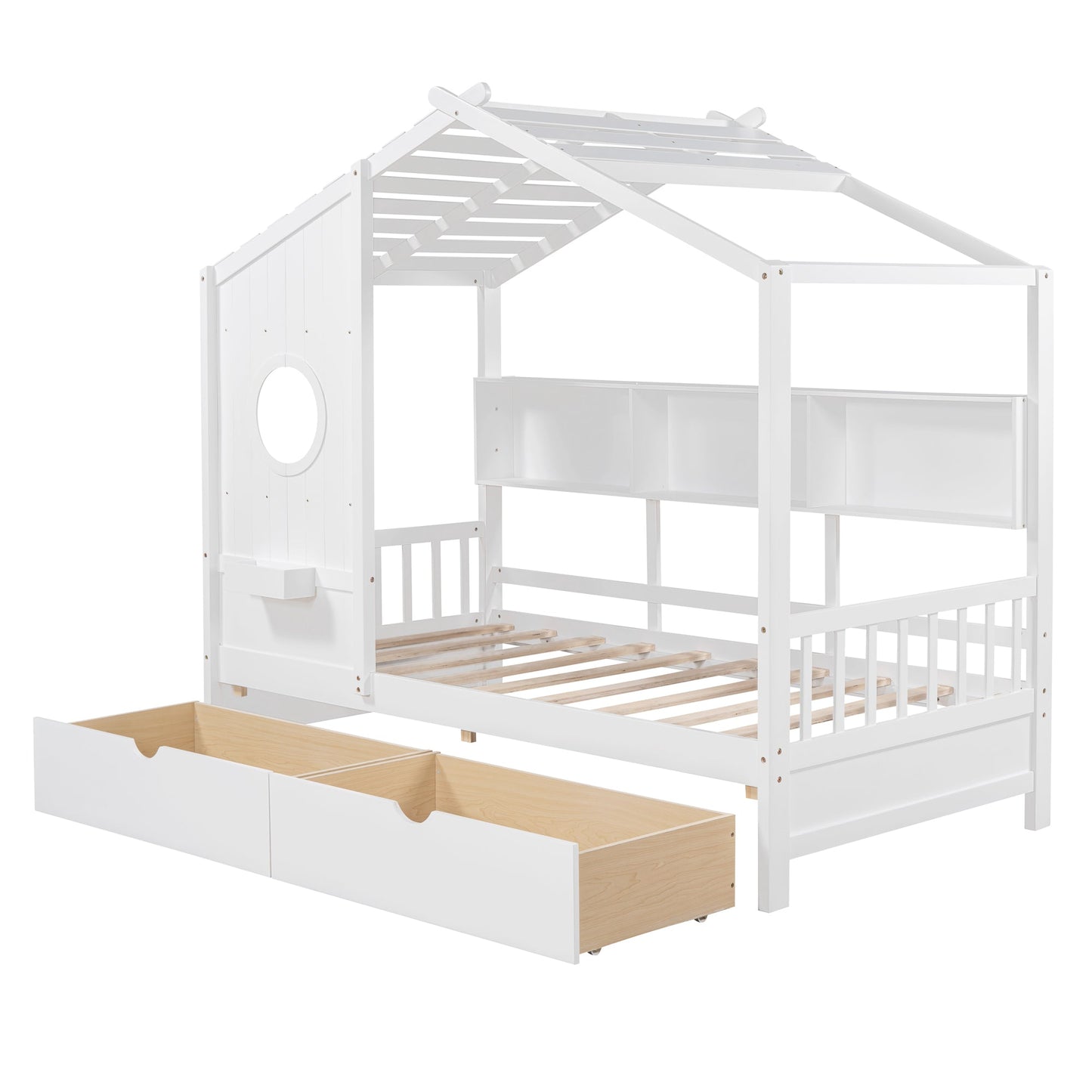 Wooden Twin Size House Bed with 2 Drawers,Kids Bed with Storage Shelf, White(Old SKU: HL000051AAK)