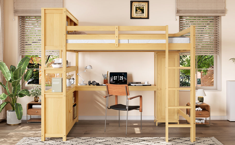 Wood Loft Bed with Cabinet and Bookshelf, Queen Size Loft with Wardrobe and Desk for Kids,Natural