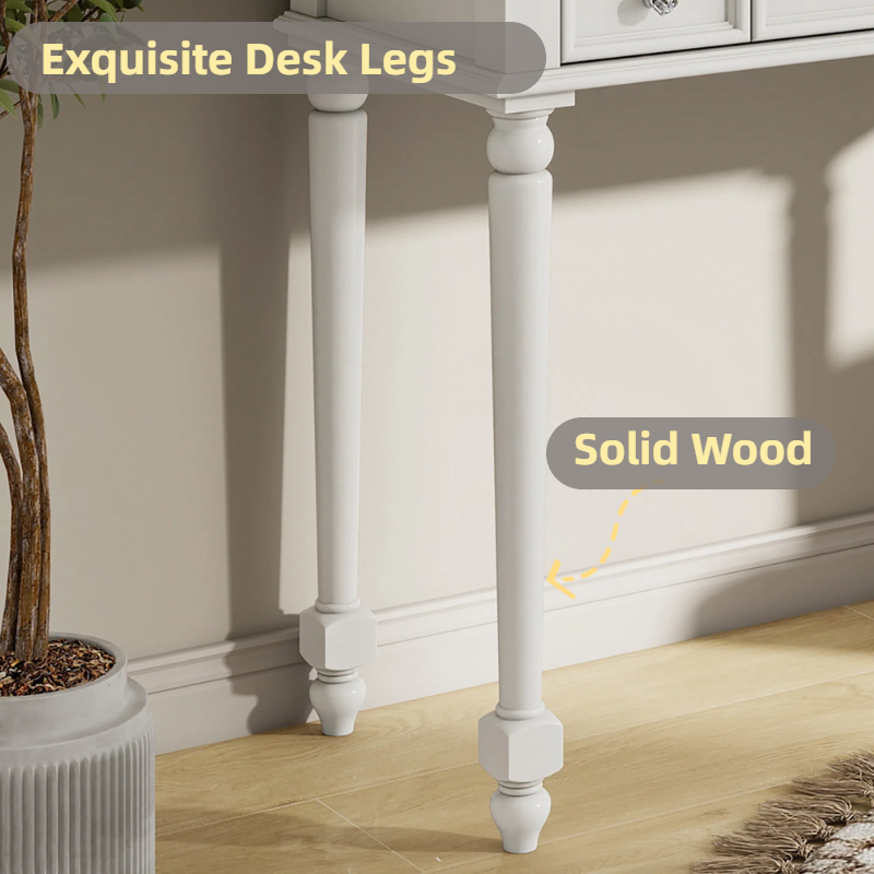 Retro Makeup Desk with Large Mirror, 3-Drawer Dressing Table for Jewelry Storage, Elegant Console Table for Bedroom, Living Room, Hallway & Foyer,White