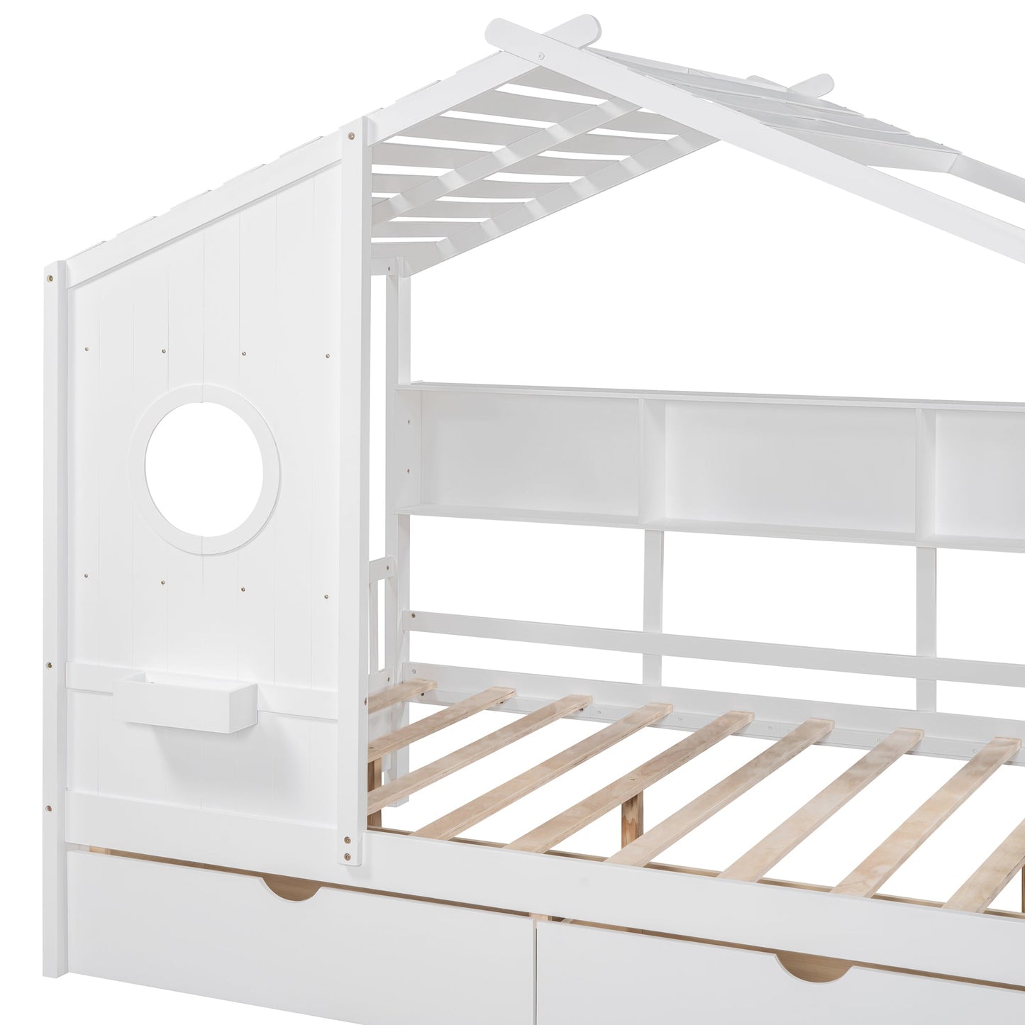Wooden Full Size House Bed with 2 Drawers,Kids Bed with Storage Shelf, White(Old SKU: HL000052AAK)