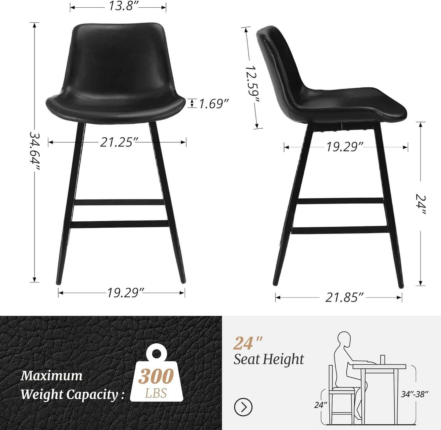 24 Inch Modern Bucket Bar Stool Set Of 3 With Back And Footrest In Faux Leather Black