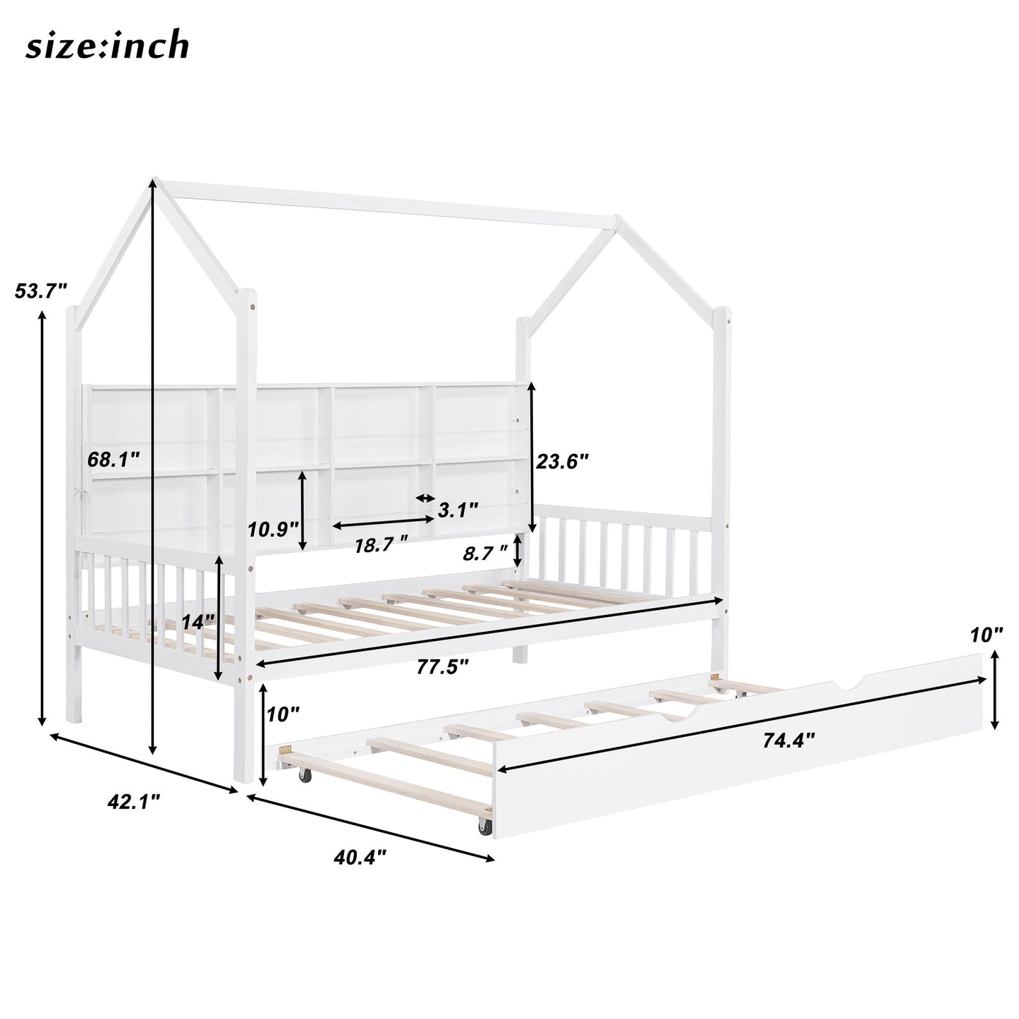 Wooden Twin Size House Bed with Trundle,Kids Bed with Shelf, White (Old SKU: WF297071AAK)