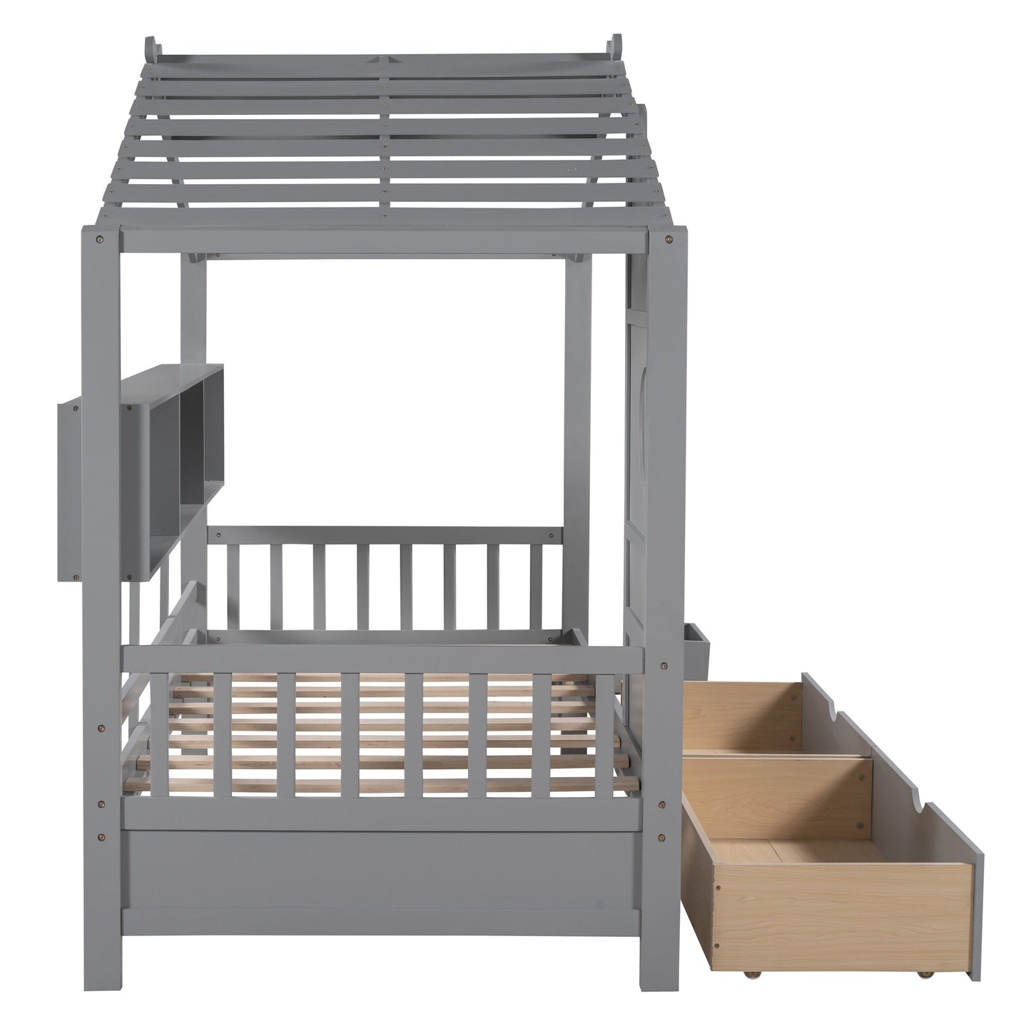 Wooden Twin Size House Bed with 2 Drawers,Kids Bed with Storage Shelf, Gray(Old SKU: HL000051AAE)