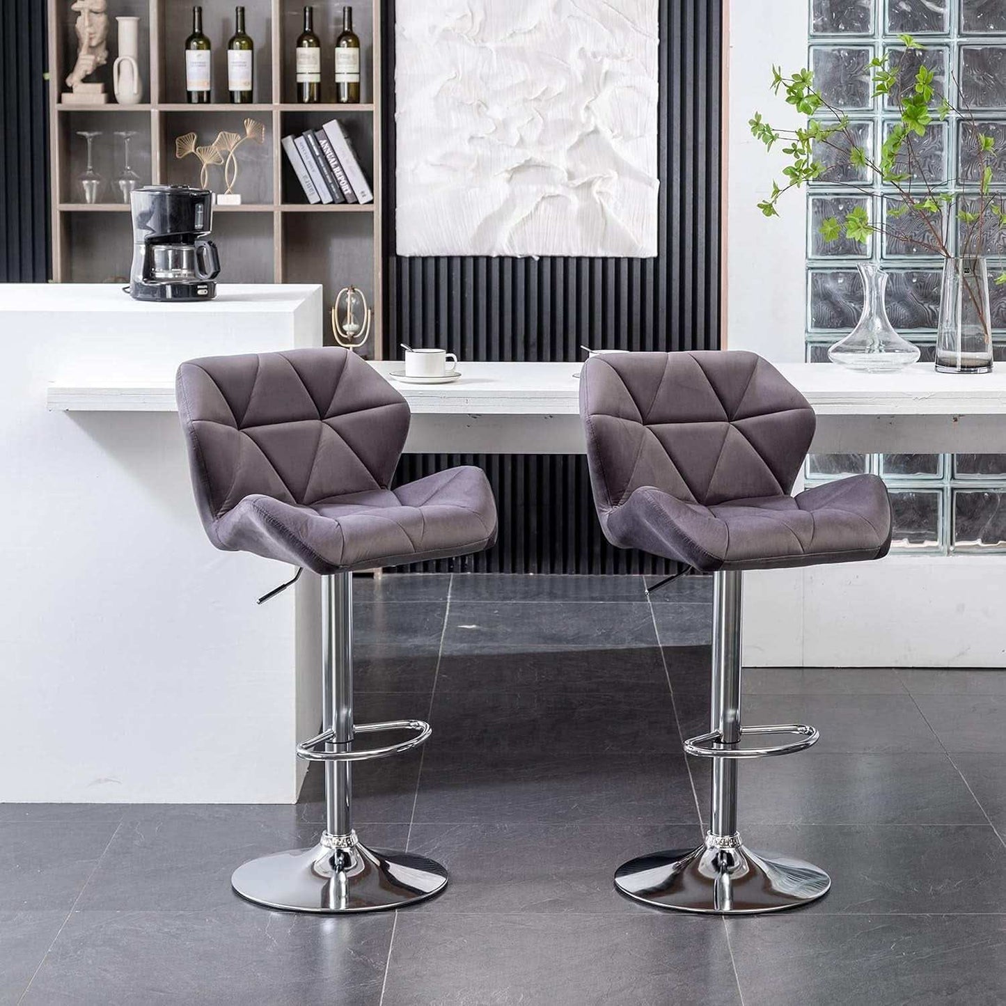 Breni Velvet Diamond Tufted Swivel Adjustable Height Bar Stool Set Of 2 Gray