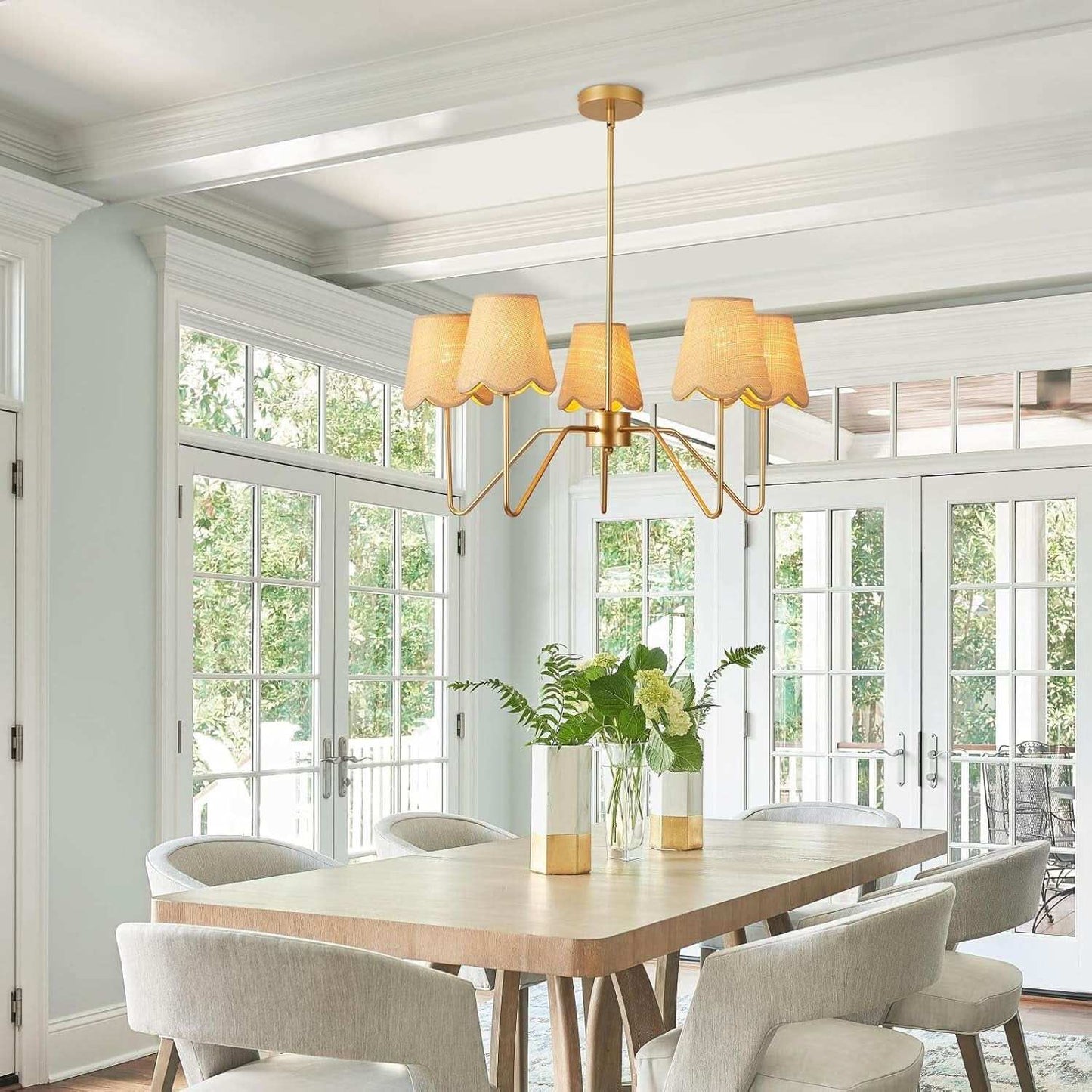 28 Inch Rattan Chandelier Antique Brass Five Light Pendant With Flower Shade Lamps