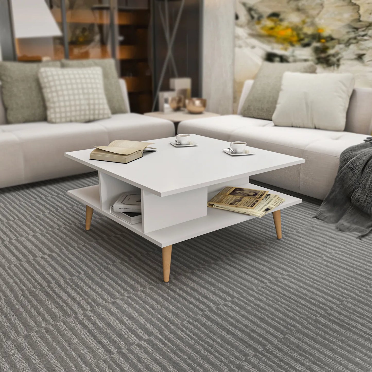 Akya 35 inch Wide Square Coffee Table with Open Shelf Storage