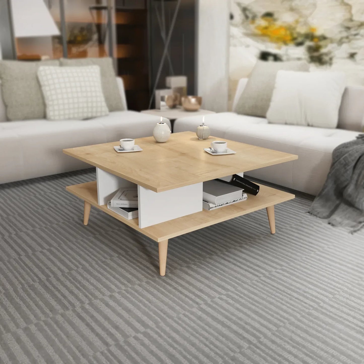 Akya 35 inch Wide Square Coffee Table with Open Shelf Storage