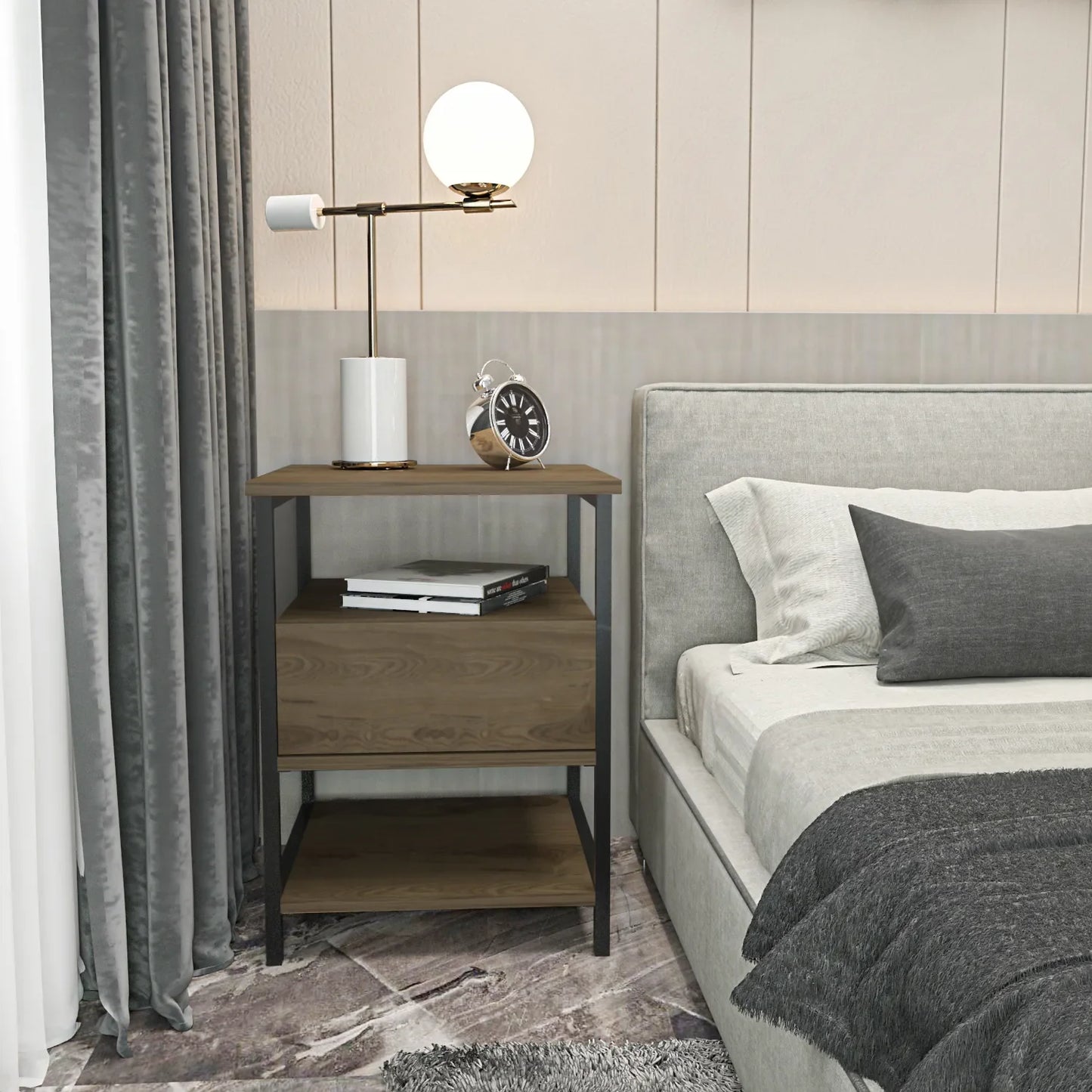 Alba Nightstand Side Table with Metal Frame