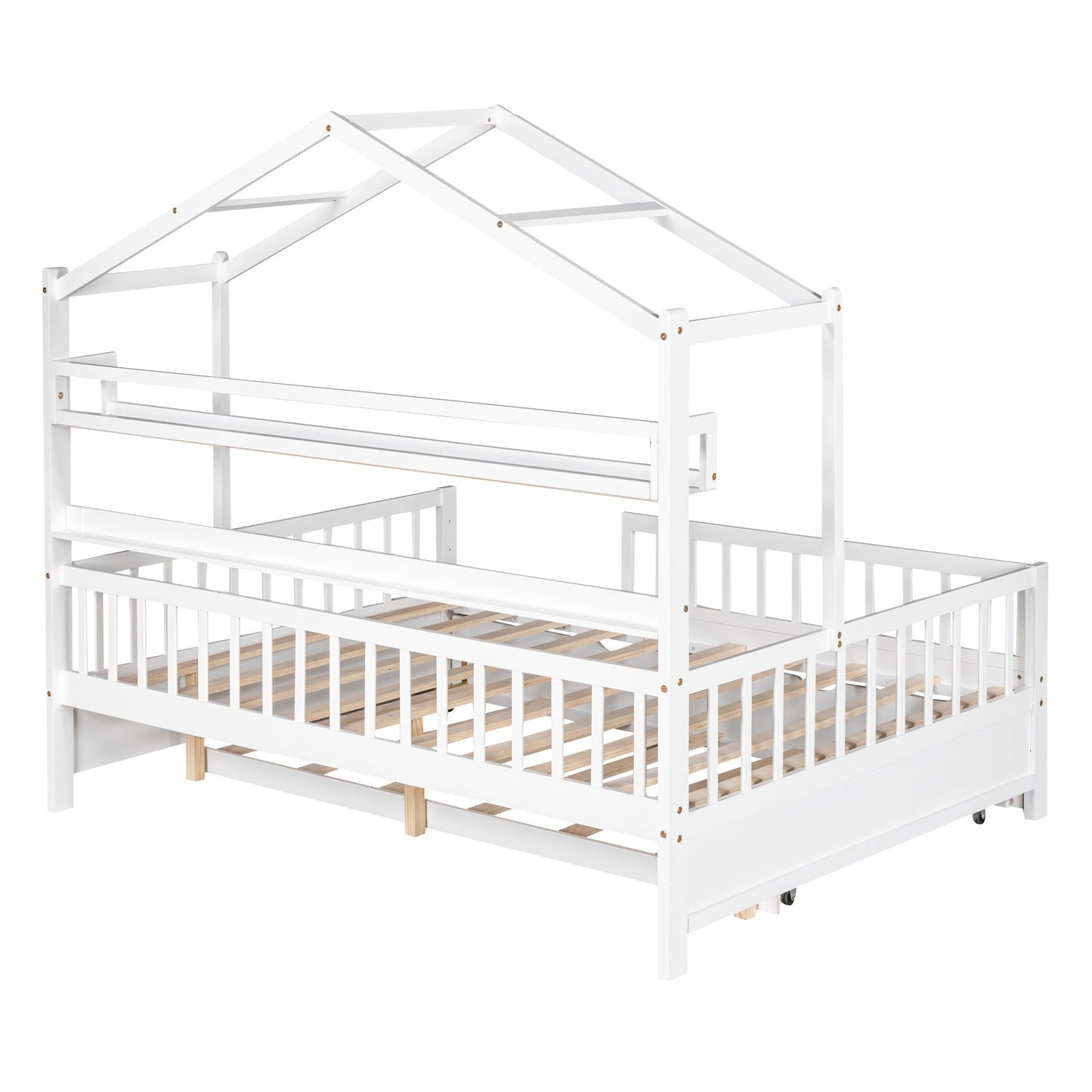 Wooden Full Size House Bed with Twin Size Trundle,Kids Bed with Shelf, White(Old SKU:WF301683AAK)