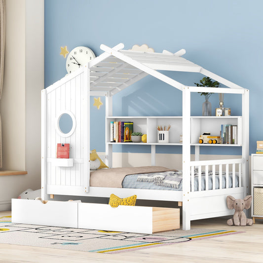 Wooden Twin Size House Bed with 2 Drawers,Kids Bed with Storage Shelf, White(Old SKU: HL000051AAK)