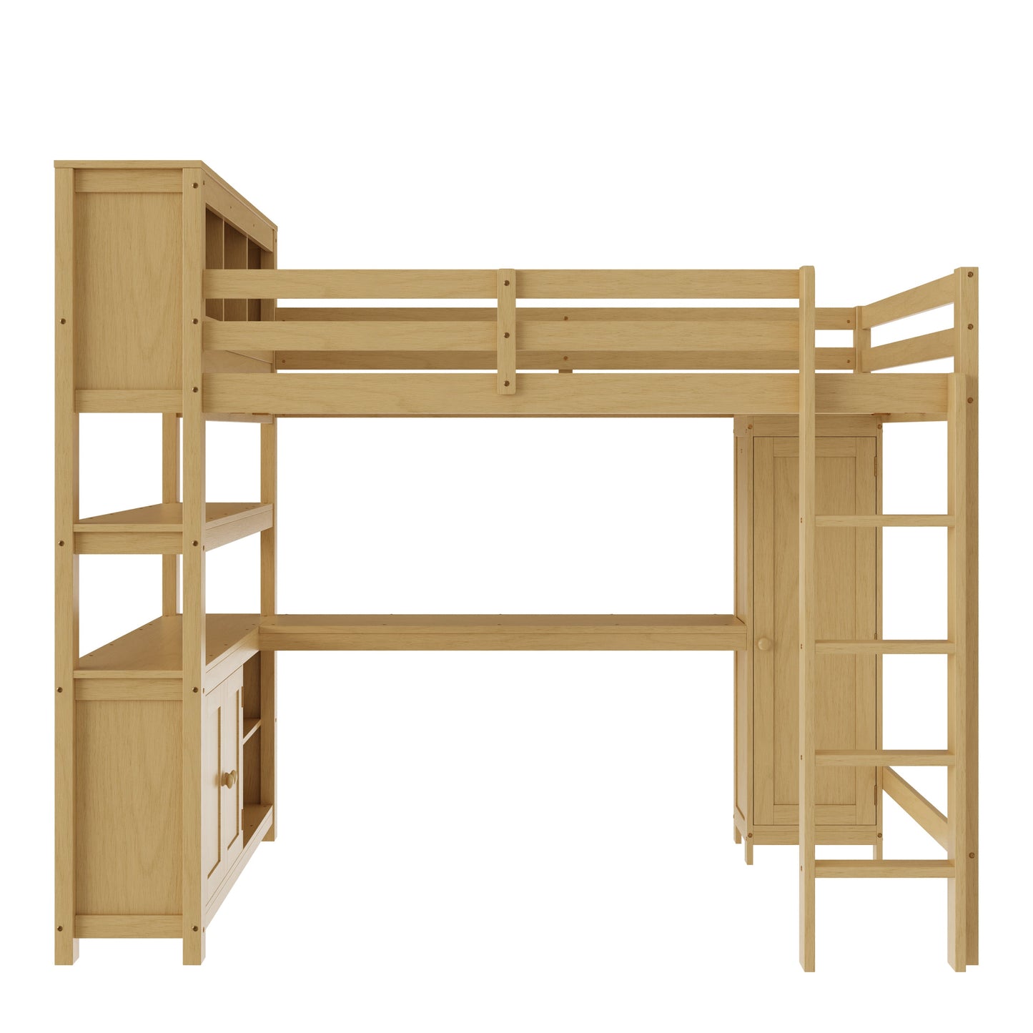 Wood Loft Bed with Cabinet and Bookshelf, Queen Size Loft with Wardrobe and Desk for Kids,Natural