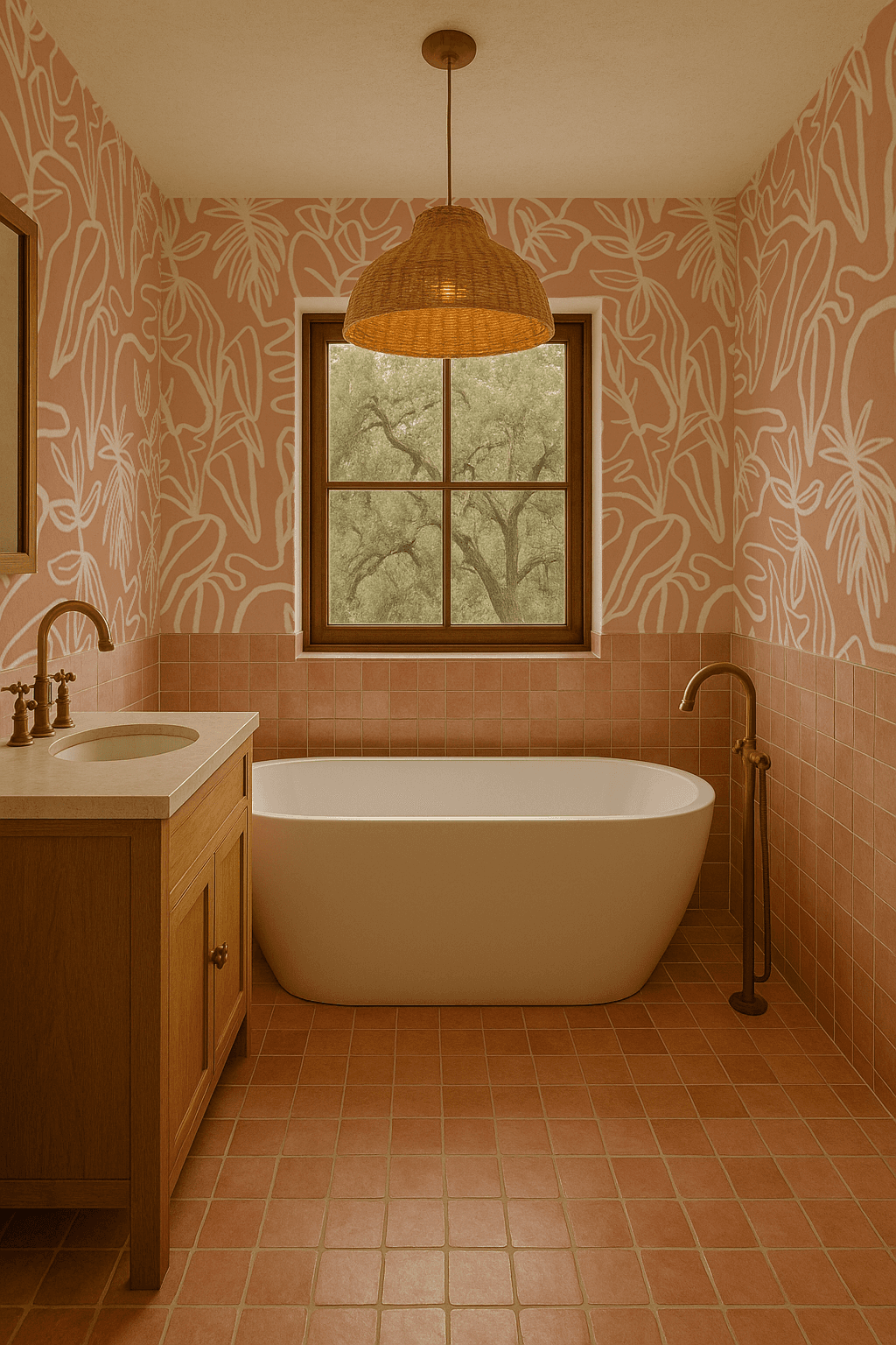 Inked Foliage Wallpaper, peach and white