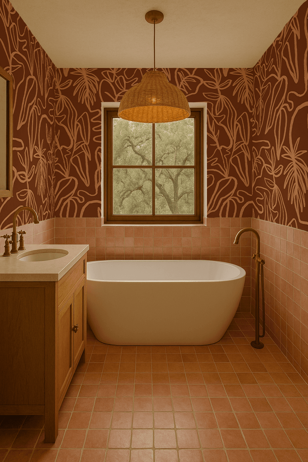 Inked Foliage Wallpaper, rust and peach