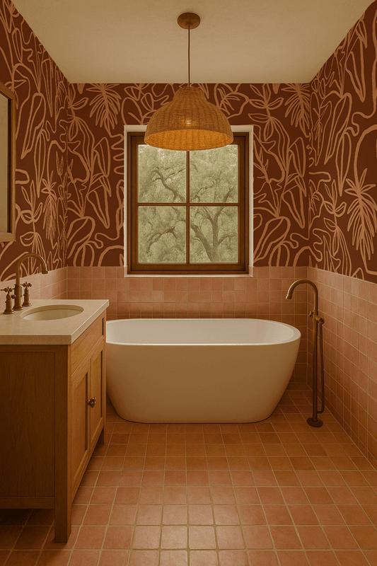 Inked Foliage Wallpaper, rust and peach