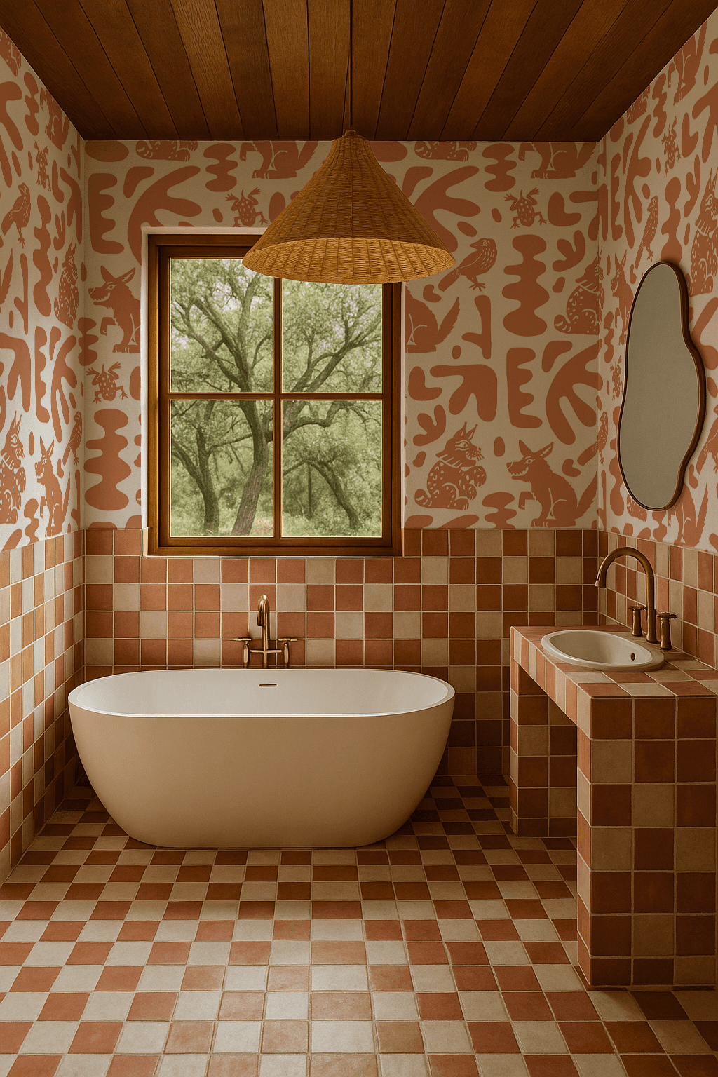 Abstract Animales Wallpaper, white and terra cotta