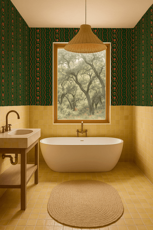 Posy Lane Stripe Wallpaper, dark green and poppy red