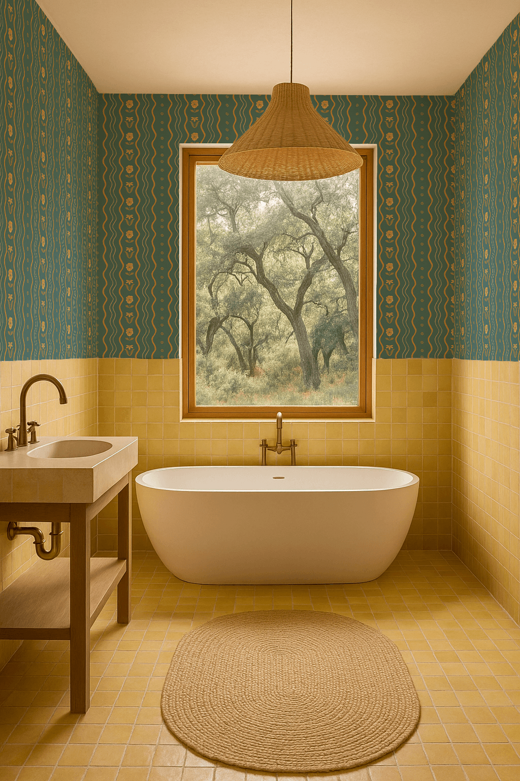Posy Lane Stripe Wallpaper, blue and yellow