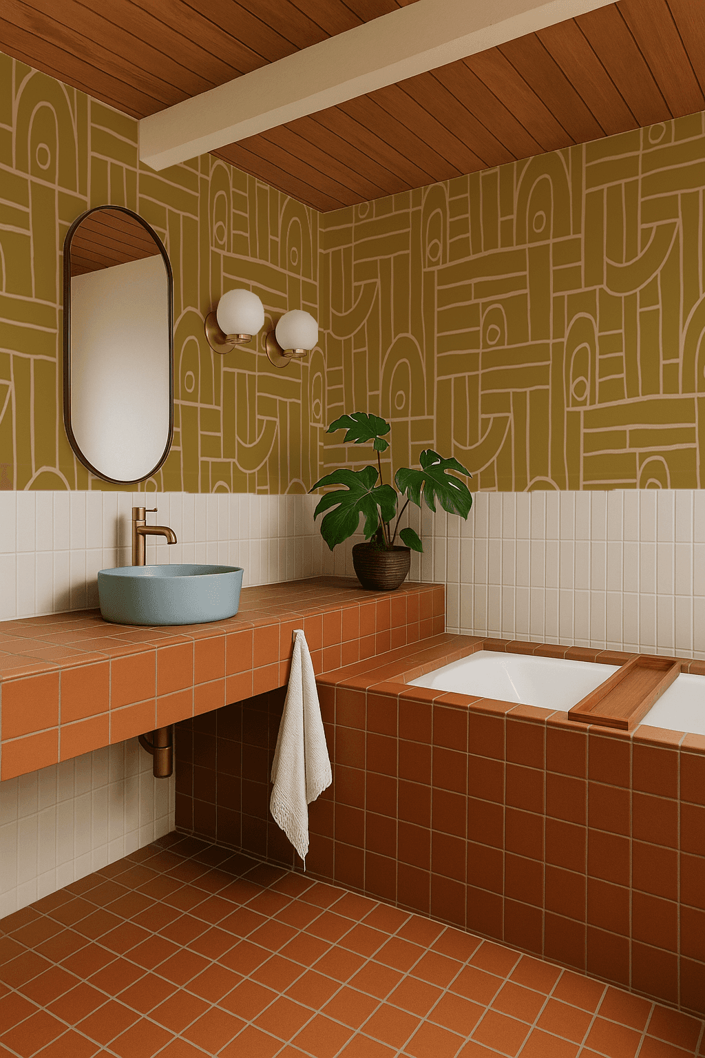 Deco Tile Wallpaper, mustard and peach