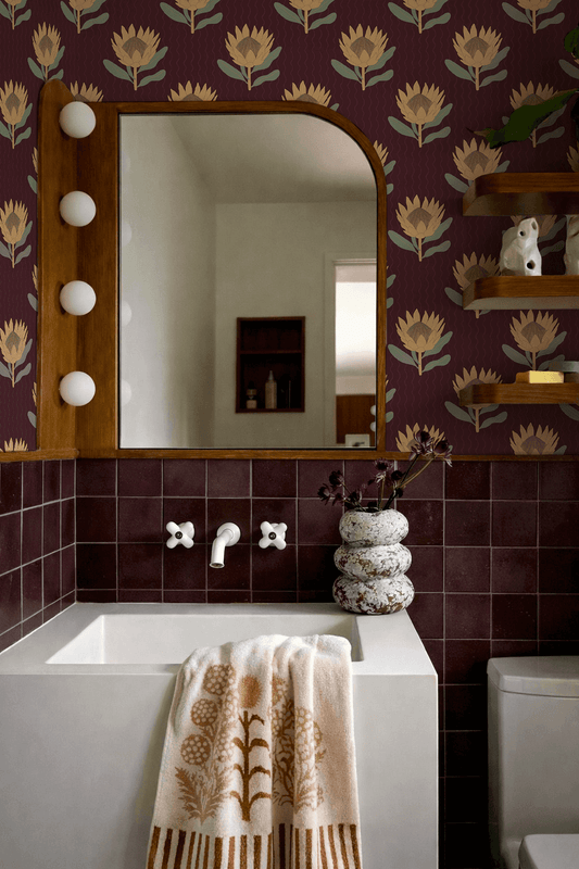King Protea Wallpaper, dark plum and butter yellow