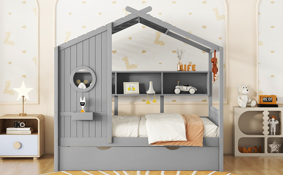 Wooden Twin Size House Bed With Trundle, Modern Design for Kids with Storage Shlef, Gray(old SKU HL000094AAE)
