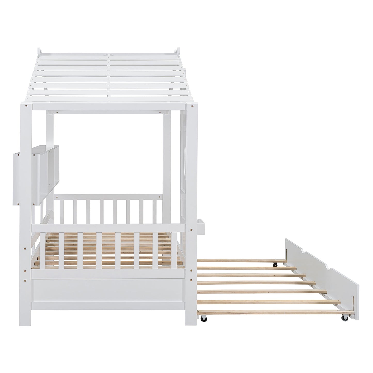 Wooden Twin Size House Bed With Trundle, Modern Design for Kids with Storage Shlef, White(old SKU HL000094AAK)
