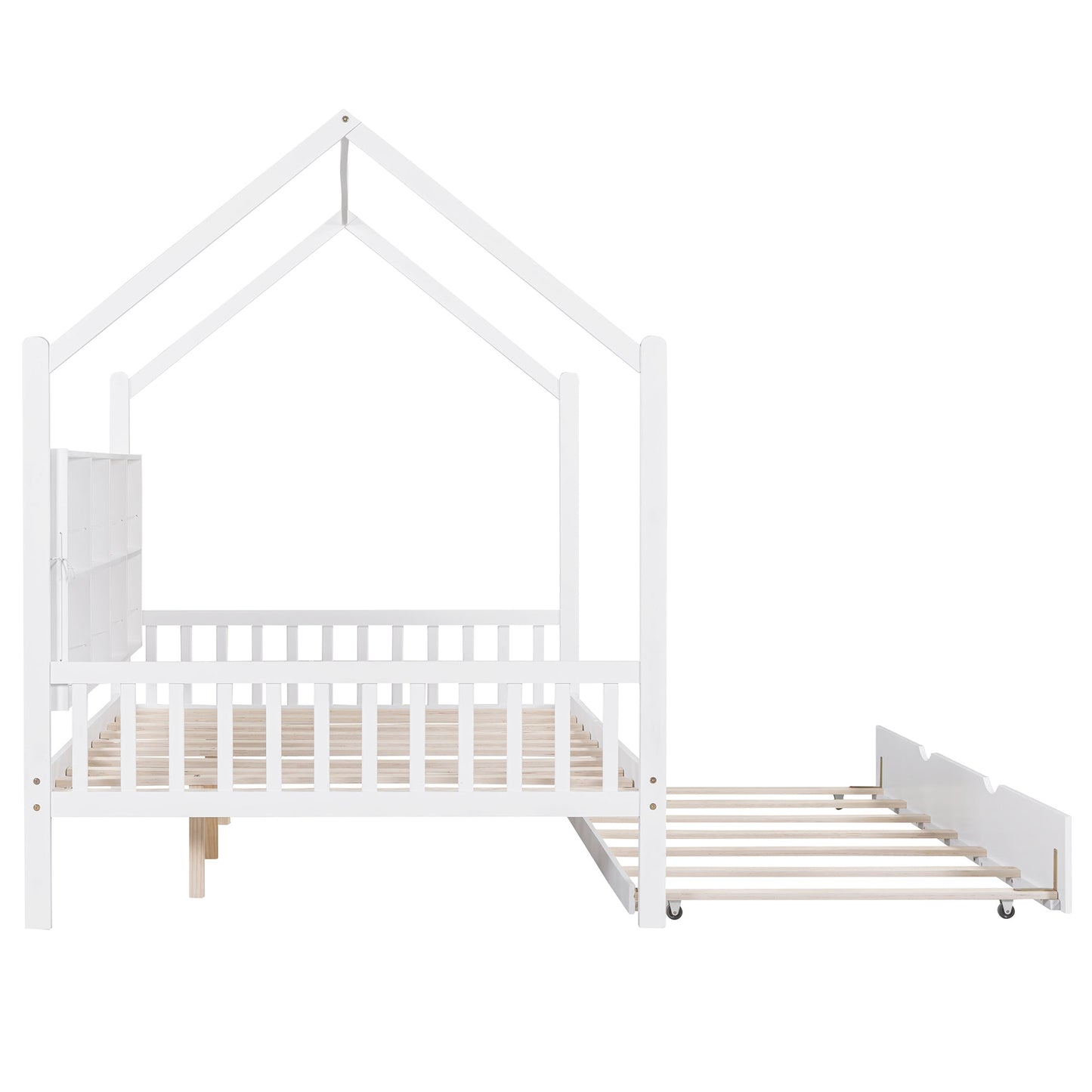 Wooden Full Size House Bed with Trundle,Kids Bed with Shelf, White (Old SKU: WF297070AAK)