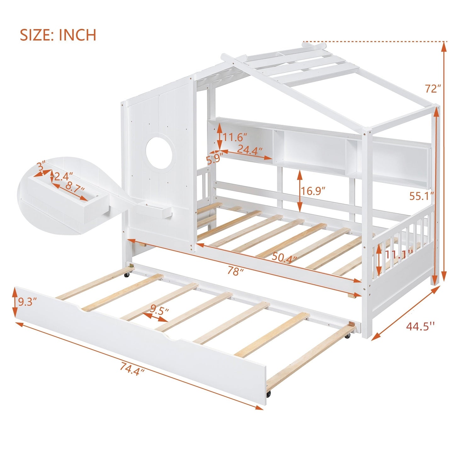 Wooden Twin Size House Bed With Trundle, Modern Design for Kids with Storage Shlef, White(old SKU HL000094AAK)