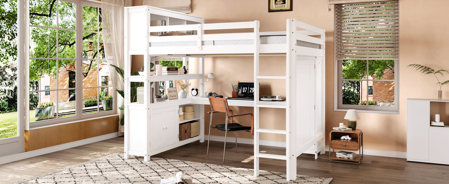 Wood Loft Bed with Cabinet and Bookshelf, Queen Size Loft with Wardrobe and Desk for Kids,White
