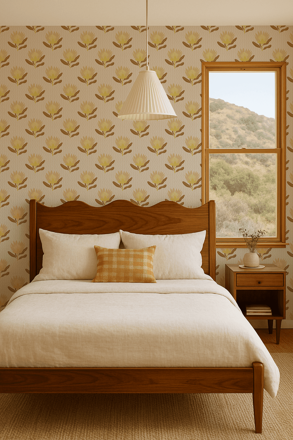 King Protea Wallpaper, neutral and brown mustard