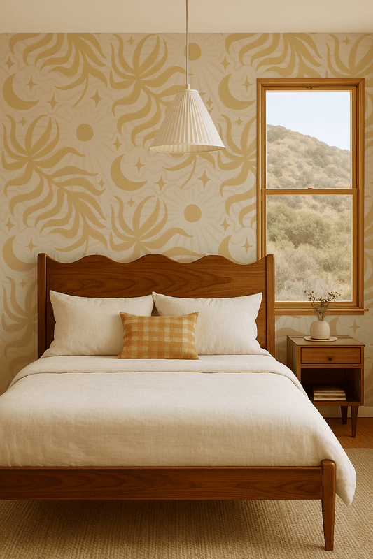 Lunar Leaf Wallpaper, beige and lemon