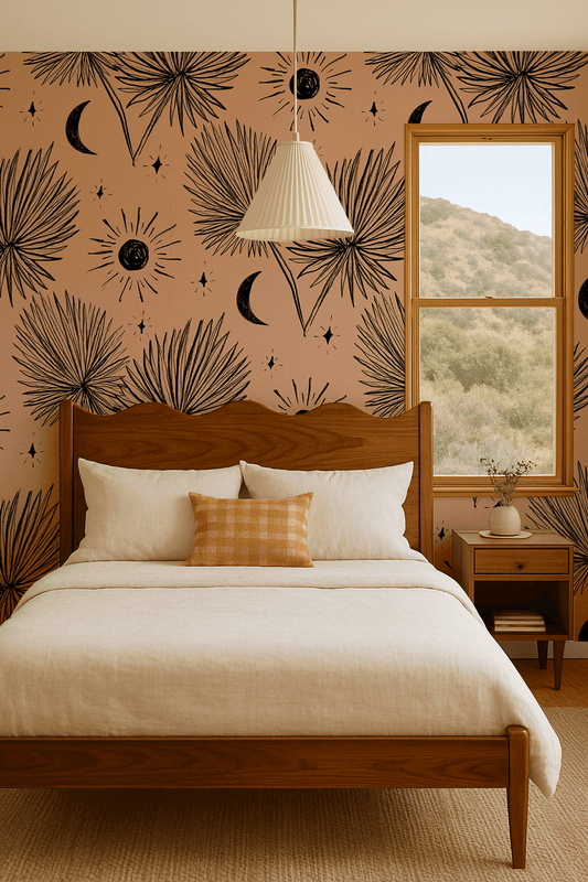 Night Palm Wallpaper, terra cotta and black