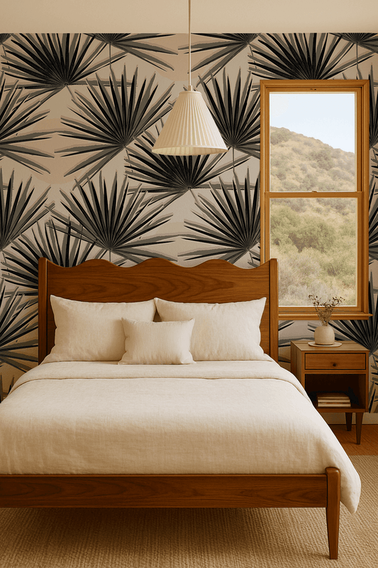 Palm Deco Wallpaper, black and blush