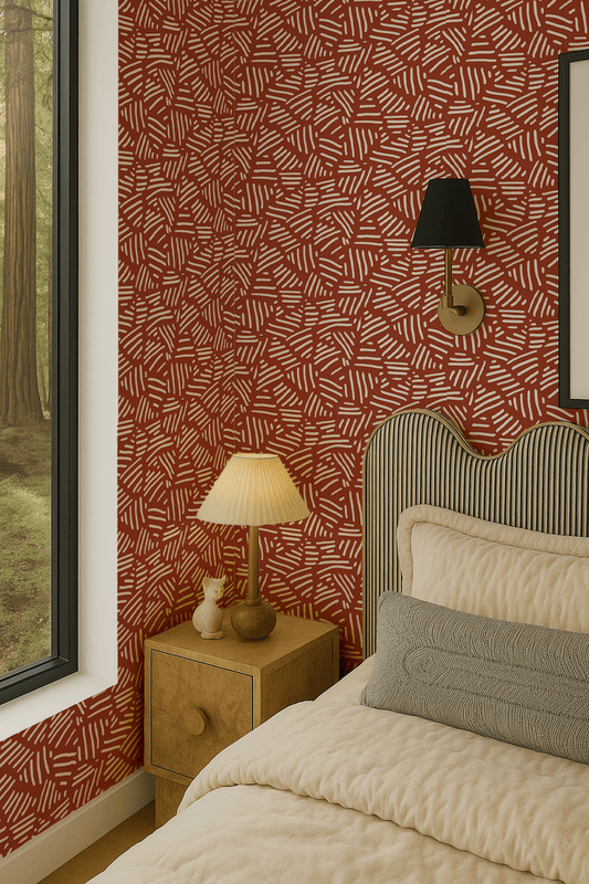 Simple Stripes Wallpaper, brick red and white