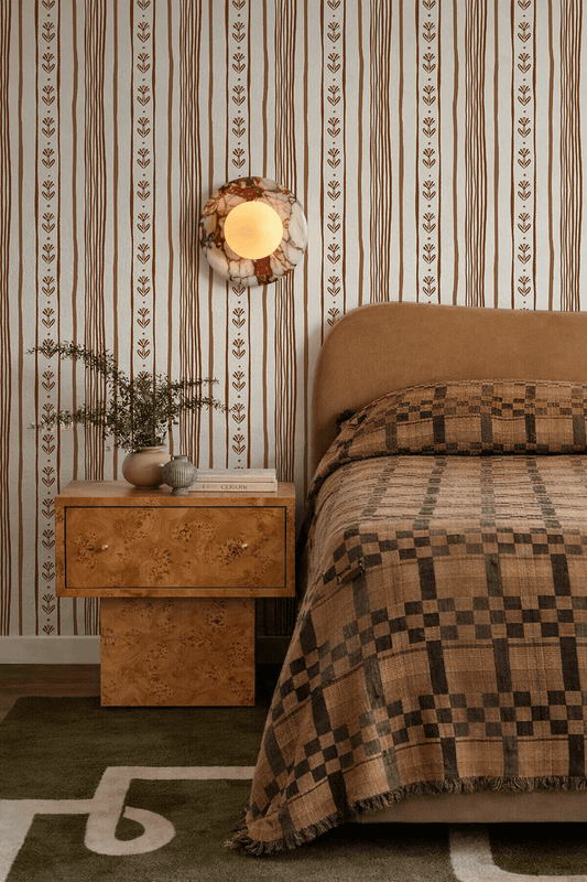 Daisy Chain Stripe Wallpaper, beige and brown
