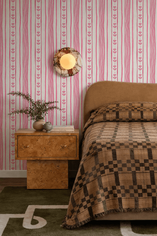Daisy Chain Stripe Wallpaper, beige and pink