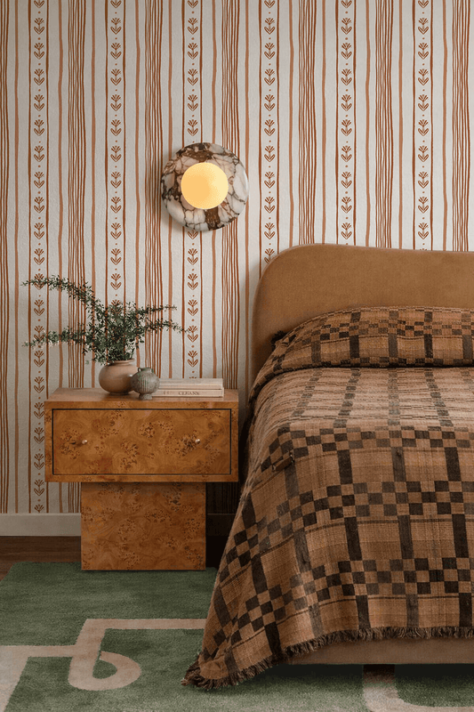 Daisy Chain Stripe Wallpaper, beige and terra cotta