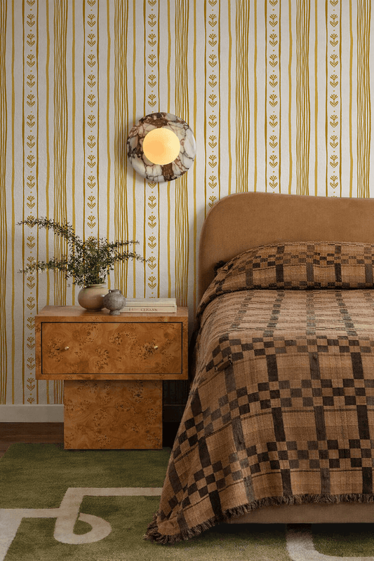 Daisy Chain Stripe Wallpaper, beige and yellow