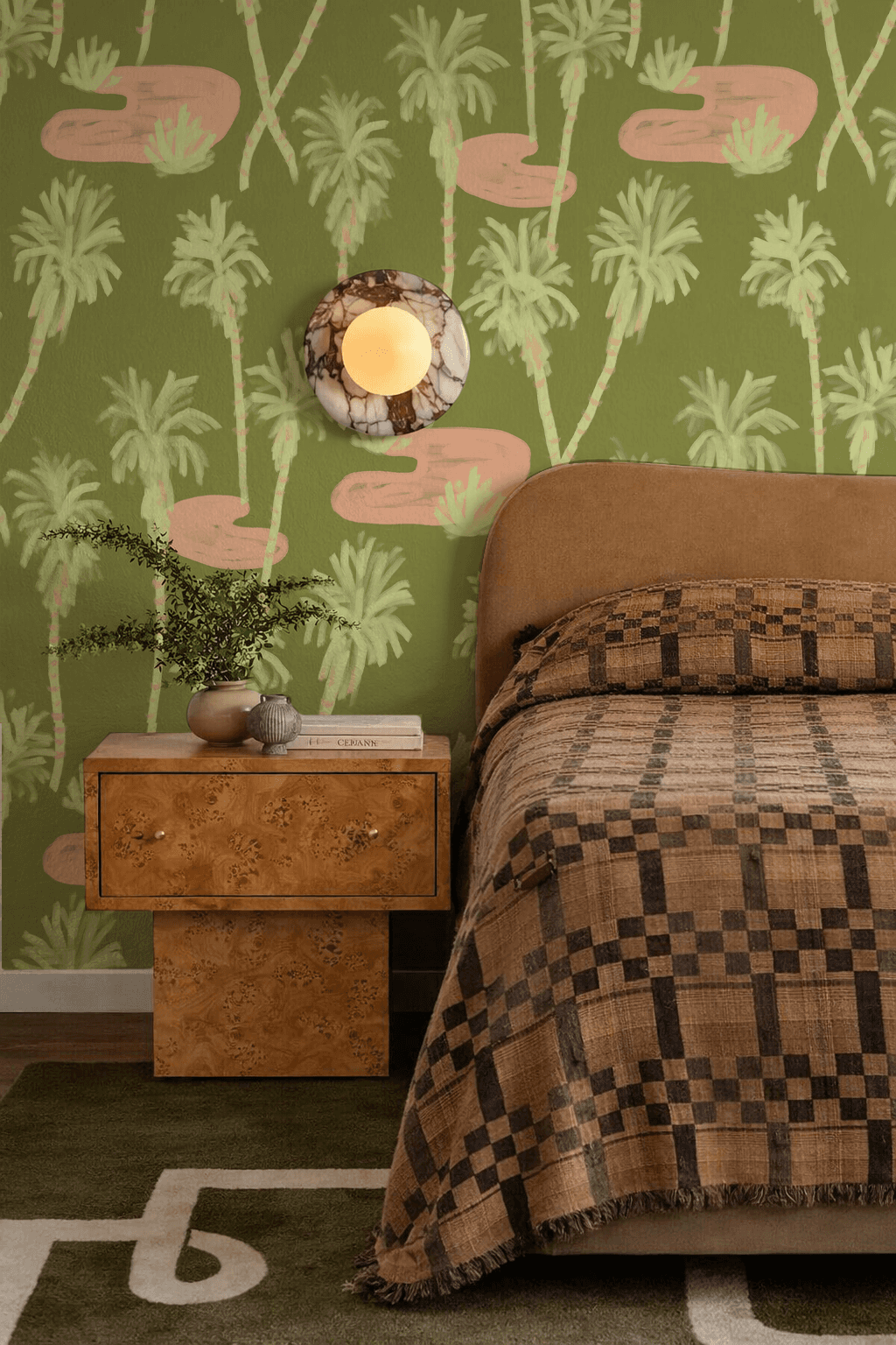 Palm Oasis Wallpaper, olive green and coral