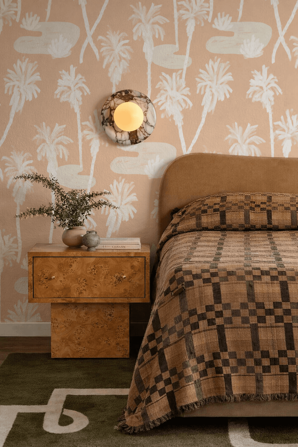 Palm Oasis Wallpaper, peach and white