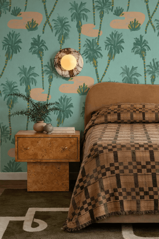 Palm Oasis Wallpaper, teal and peach