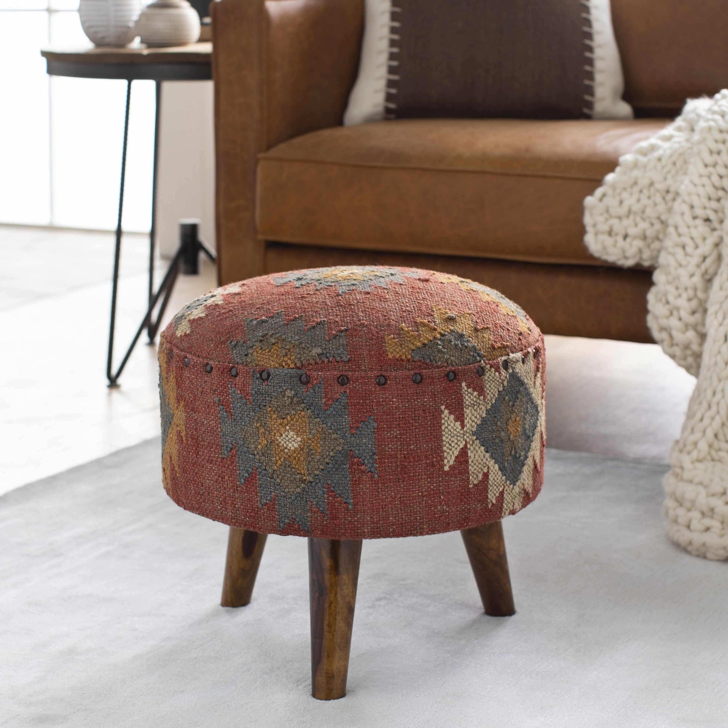 Brick Red Wood Frame Ottoman Stool - Clearance