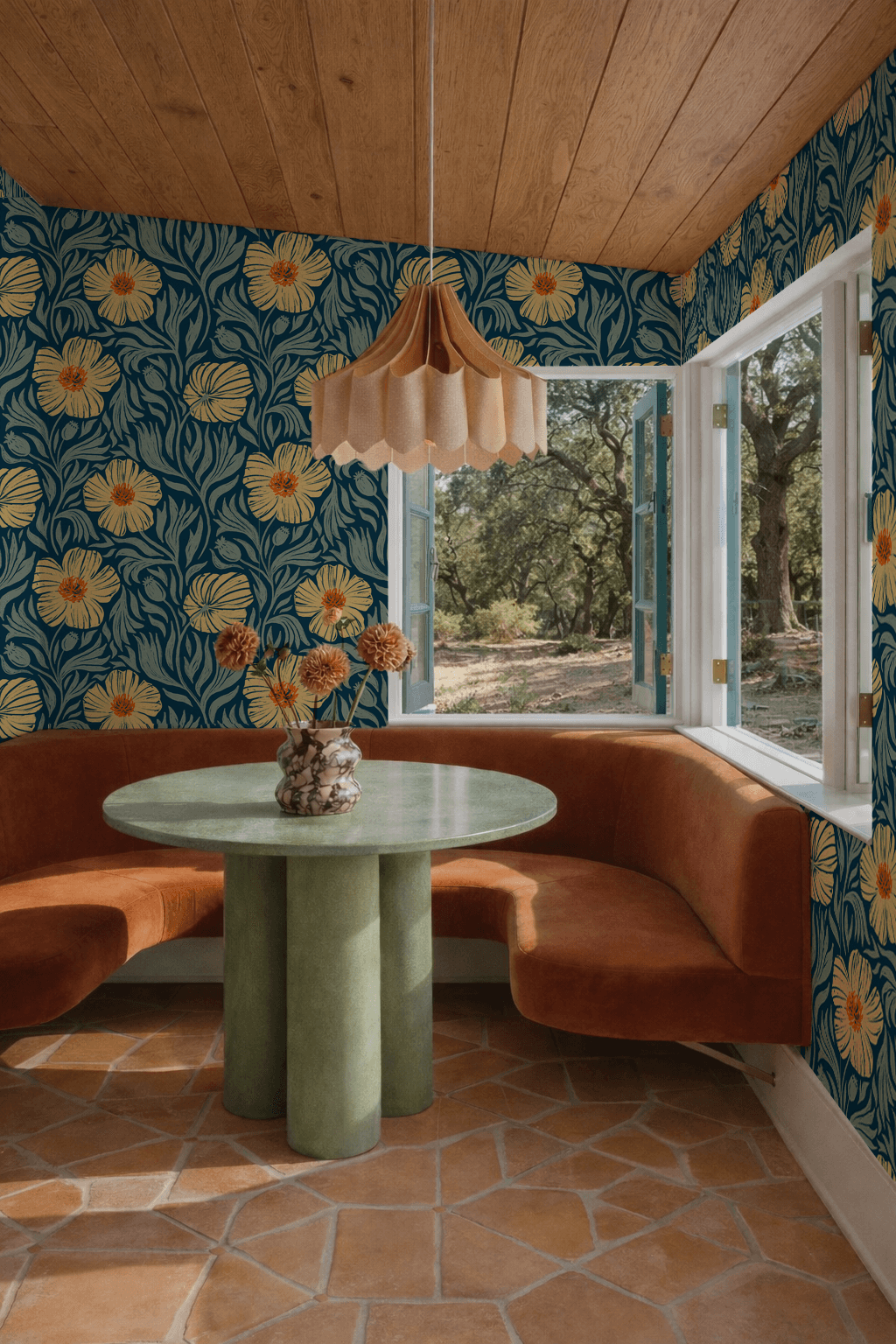 Matilija Wallpaper, navy, orange and mint