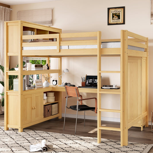 Wood Loft Bed with Cabinet and Bookshelf, Queen Size Loft with Wardrobe and Desk for Kids,Natural