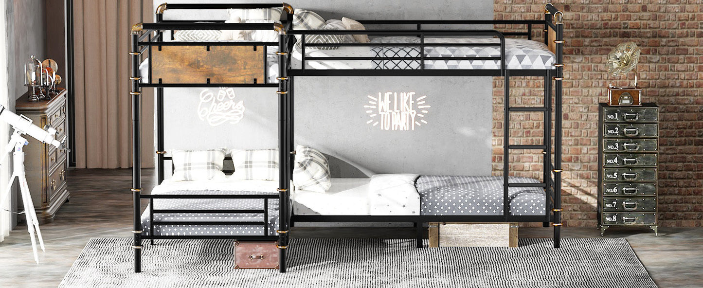 Quad Bunk Bed for 4 Kids, Heavy Duty Metal Twin Bunk Bed Frame, Detachable Triple Bunk Bed, Can Be Divided Into 3 Twin Beds, Black (Old SKU W2580S00015)